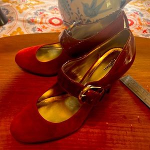 Burgundy patent leather and suede heels